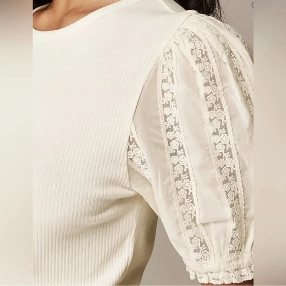 J. Crew Vintage Rib Top with Lace Sleeves Ivory Size Medium M - Picture 3 of 9